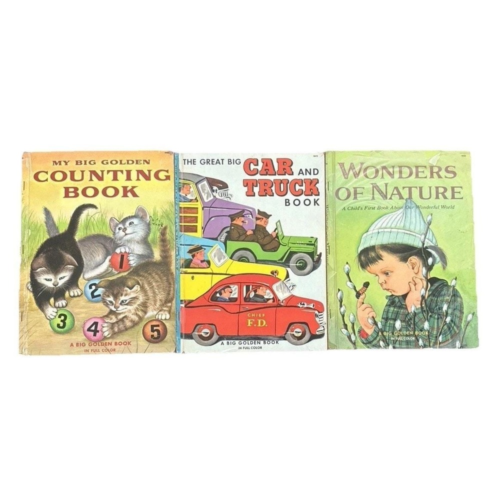 Vtg Big Golden Books Lot Of 3 Counting Book, Car & Trucks, Wonders Of Nature 50s